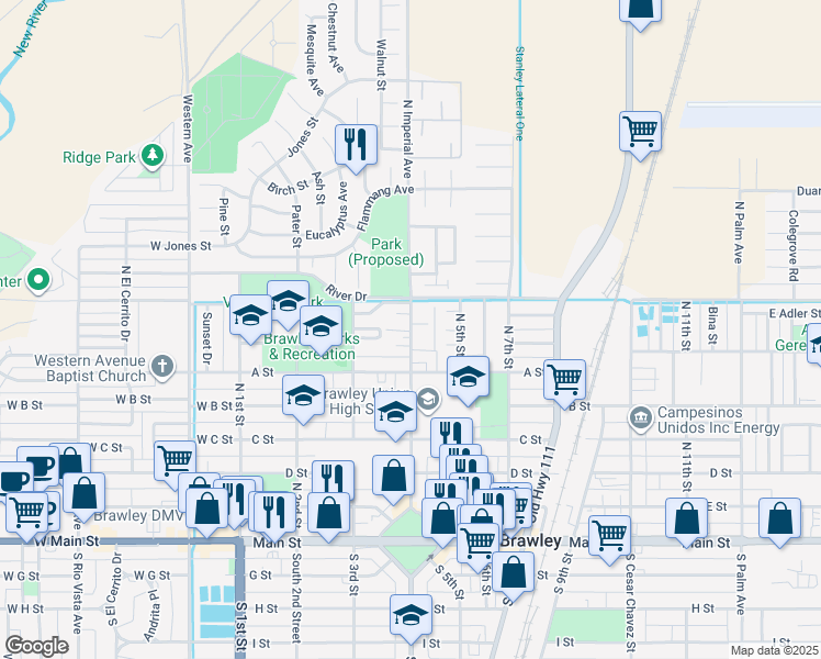 map of restaurants, bars, coffee shops, grocery stores, and more near 23 Trail Street in Brawley