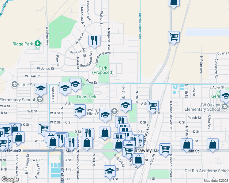map of restaurants, bars, coffee shops, grocery stores, and more near 23 Trail Street in Brawley