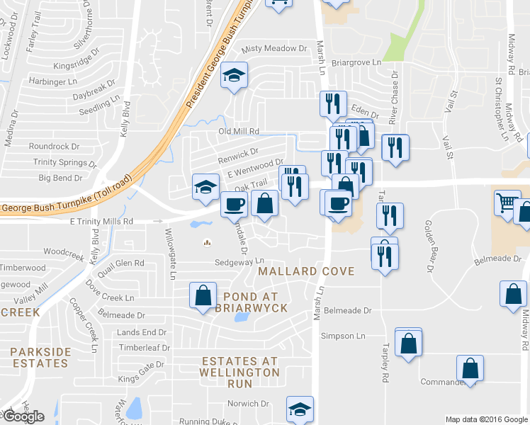 map of restaurants, bars, coffee shops, grocery stores, and more near 26 Oak Tree Drive in Carrollton