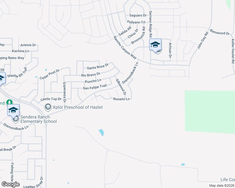 map of restaurants, bars, coffee shops, grocery stores, and more near 641 Rosario Lane in Haslet