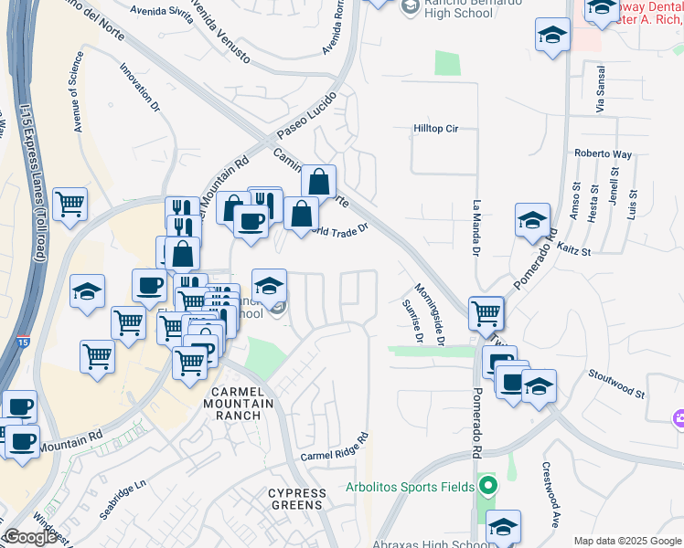 map of restaurants, bars, coffee shops, grocery stores, and more near 14858 Heather Glen Way in San Diego