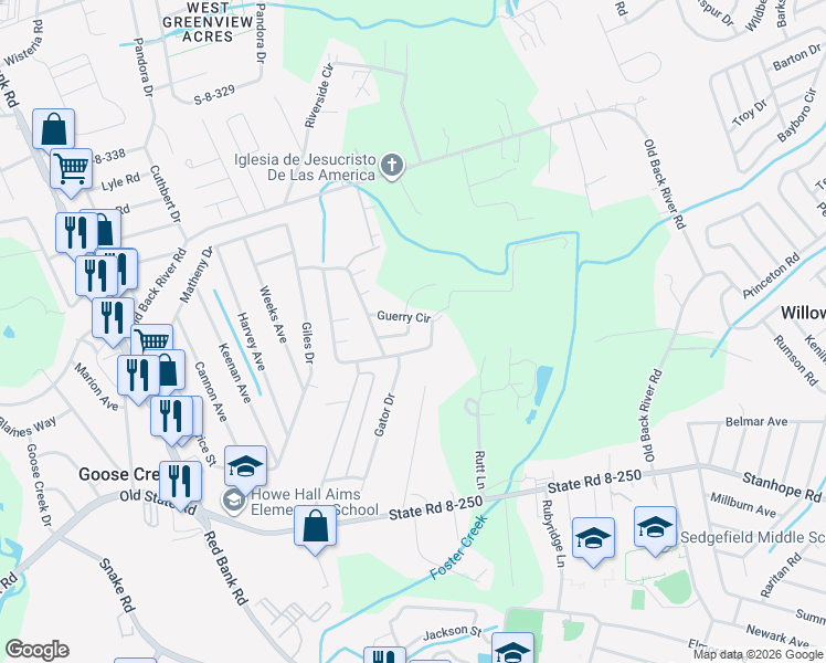 map of restaurants, bars, coffee shops, grocery stores, and more near 12 Gunnells Street in Goose Creek
