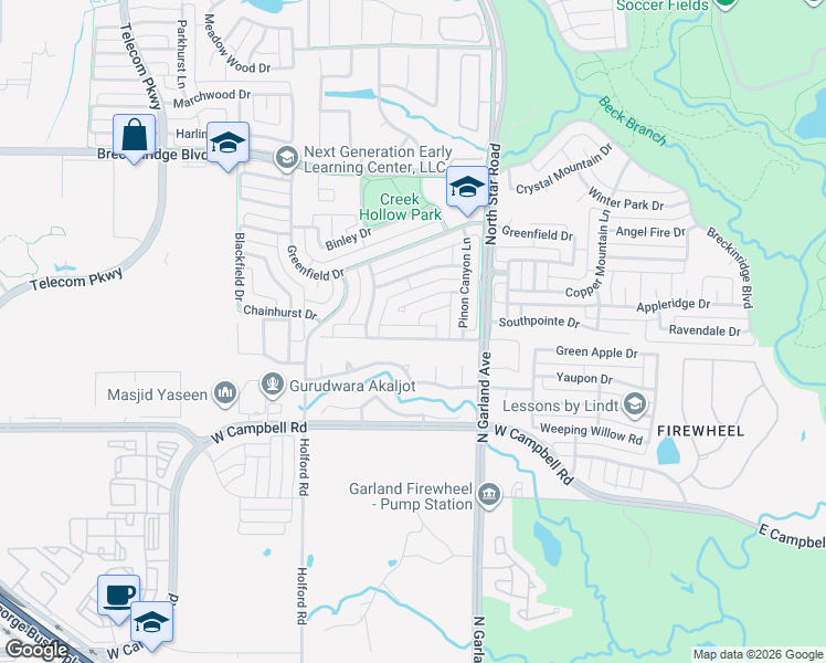 map of restaurants, bars, coffee shops, grocery stores, and more near 1119 Creekwood Drive in Garland