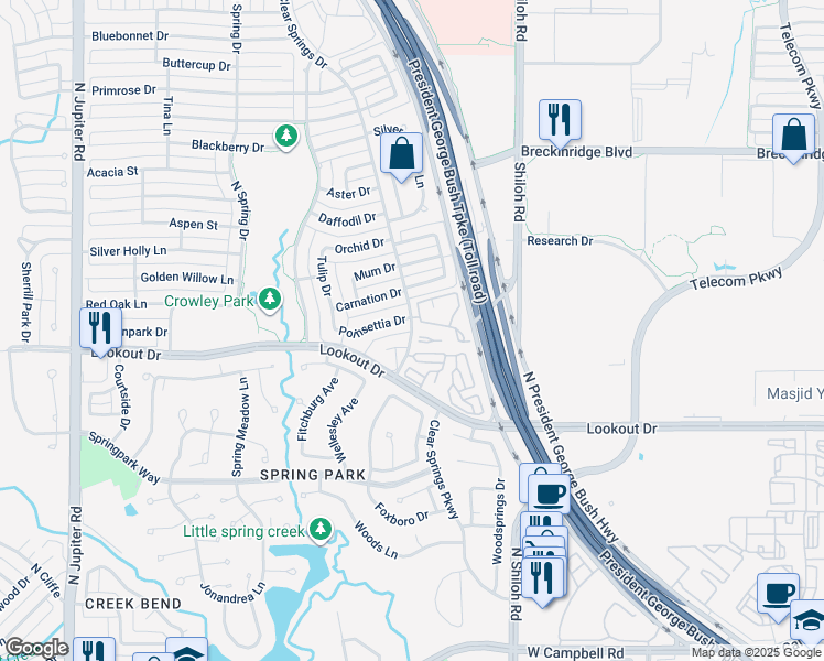 map of restaurants, bars, coffee shops, grocery stores, and more near 2700 Clear Springs Drive in Richardson