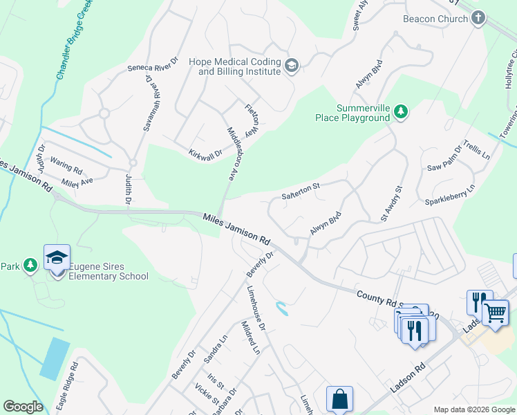 map of restaurants, bars, coffee shops, grocery stores, and more near 105 Sawtry Place in Summerville