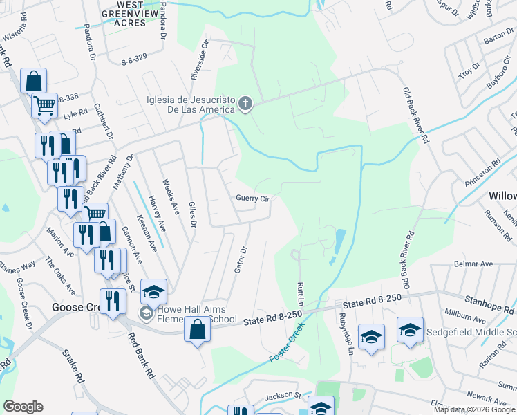 map of restaurants, bars, coffee shops, grocery stores, and more near 12 Gunnells Street in Goose Creek