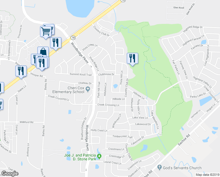 map of restaurants, bars, coffee shops, grocery stores, and more near 7115 Lake Hill Trail in Sachse