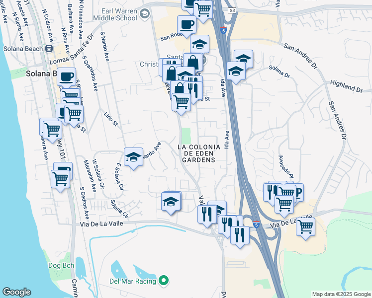 map of restaurants, bars, coffee shops, grocery stores, and more near 726 Stevens Avenue in Solana Beach