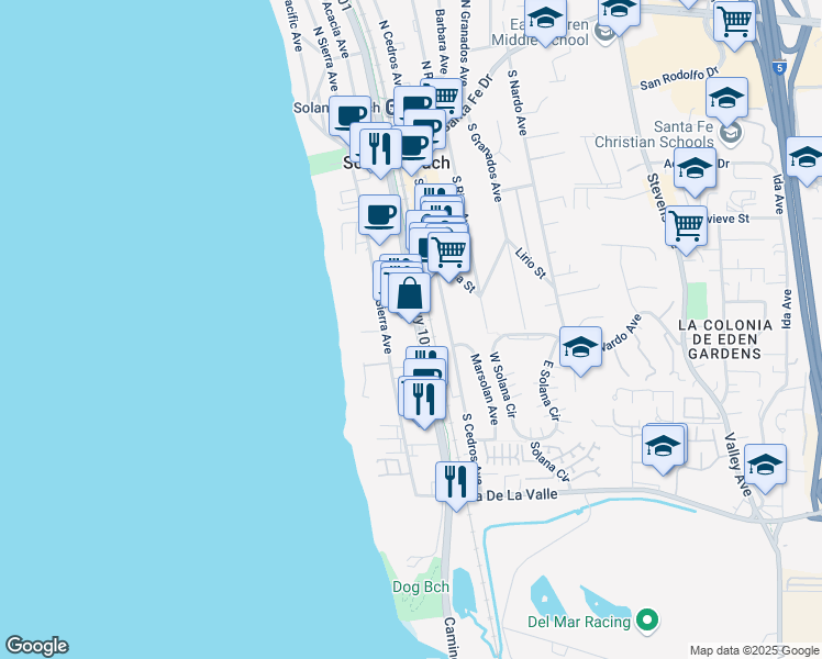 map of restaurants, bars, coffee shops, grocery stores, and more near 437 Highway 101 in Solana Beach