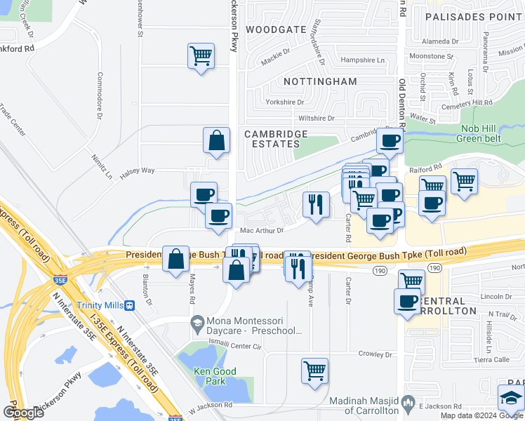 map of restaurants, bars, coffee shops, grocery stores, and more near 1330 Mac Arthur Drive in Carrollton