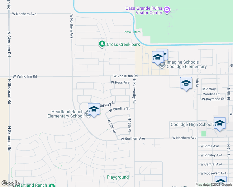 map of restaurants, bars, coffee shops, grocery stores, and more near 1330 West Mid Way Street in Coolidge