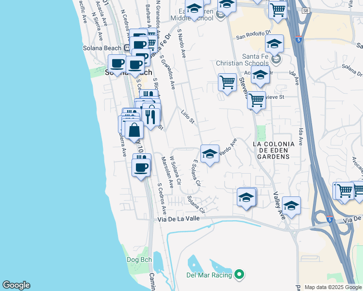 map of restaurants, bars, coffee shops, grocery stores, and more near 541 South Granados Avenue in Solana Beach