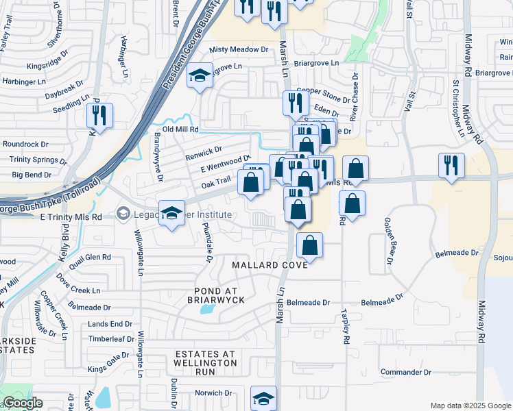 map of restaurants, bars, coffee shops, grocery stores, and more near 2771 Oak Tree Drive in Carrollton