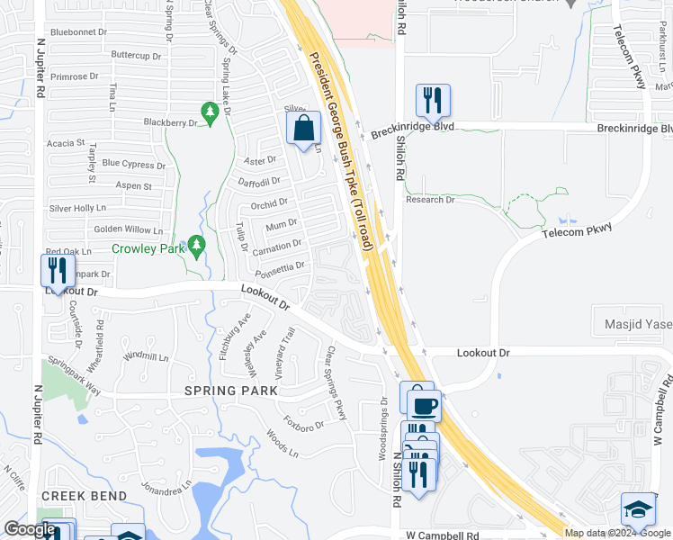 map of restaurants, bars, coffee shops, grocery stores, and more near 2600 Clear Springs Drive in Richardson