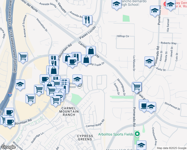 map of restaurants, bars, coffee shops, grocery stores, and more near 12345 World Trade Drive in San Diego