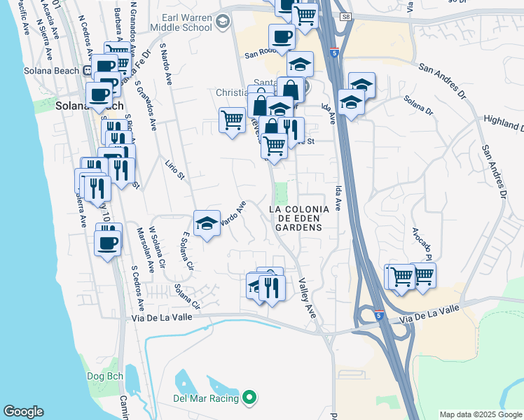 map of restaurants, bars, coffee shops, grocery stores, and more near 730 South Nardo Avenue in Solana Beach