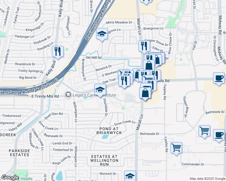 map of restaurants, bars, coffee shops, grocery stores, and more near 2710 Oak Trail in Carrollton