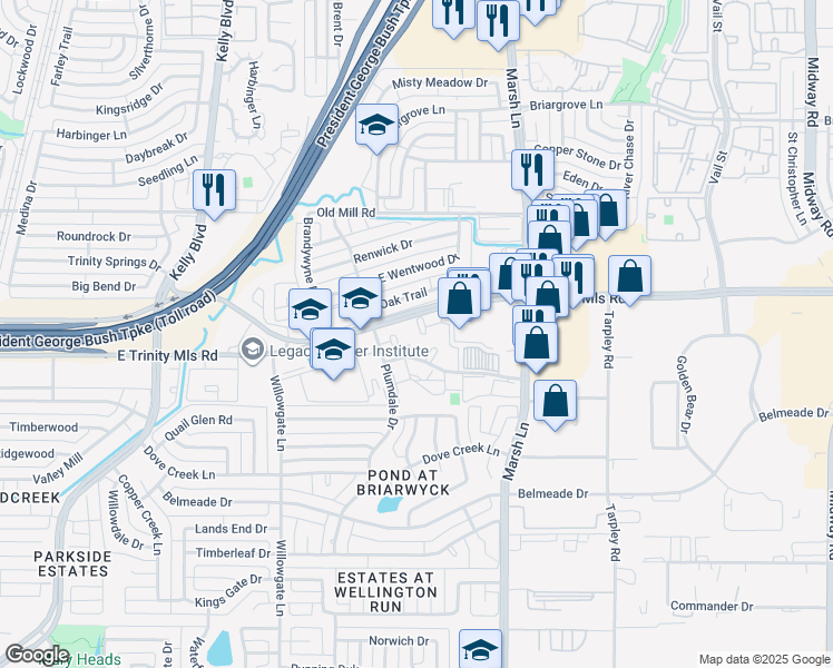 map of restaurants, bars, coffee shops, grocery stores, and more near 2710 Oak Trail in Carrollton