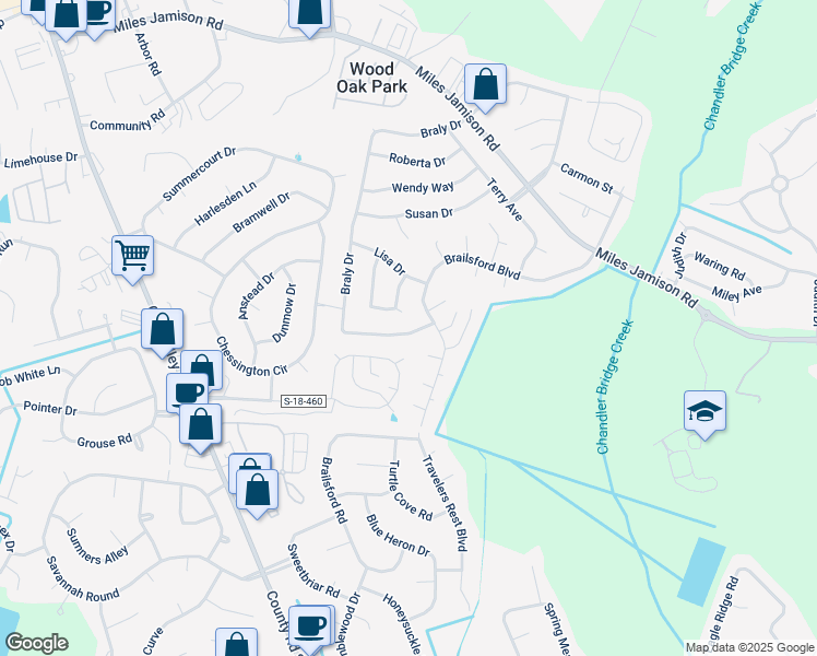 map of restaurants, bars, coffee shops, grocery stores, and more near 227 Braly Drive in Summerville