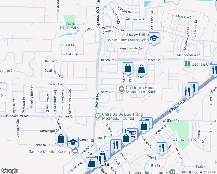 map of restaurants, bars, coffee shops, grocery stores, and more near 3108 Creekside Drive in Sachse