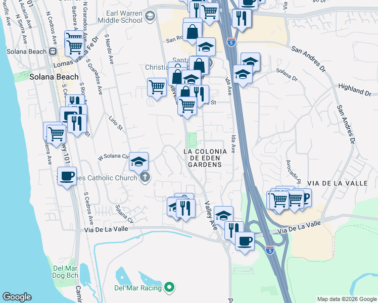 map of restaurants, bars, coffee shops, grocery stores, and more near 722 Stevens Avenue in Solana Beach