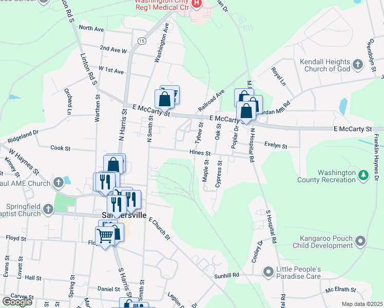 map of restaurants, bars, coffee shops, grocery stores, and more near 305 Tybee Street in Sandersville