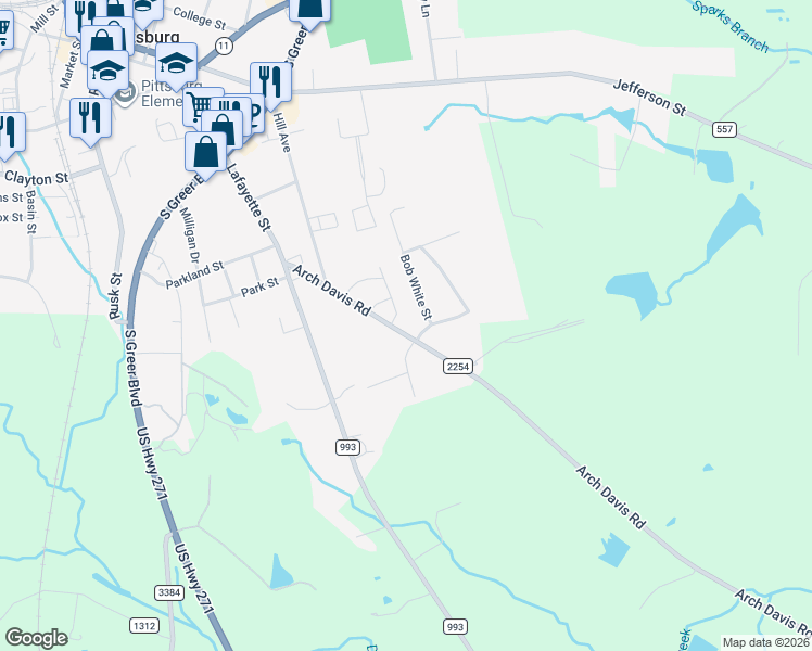 map of restaurants, bars, coffee shops, grocery stores, and more near 105 Redwing Drive in Pittsburg