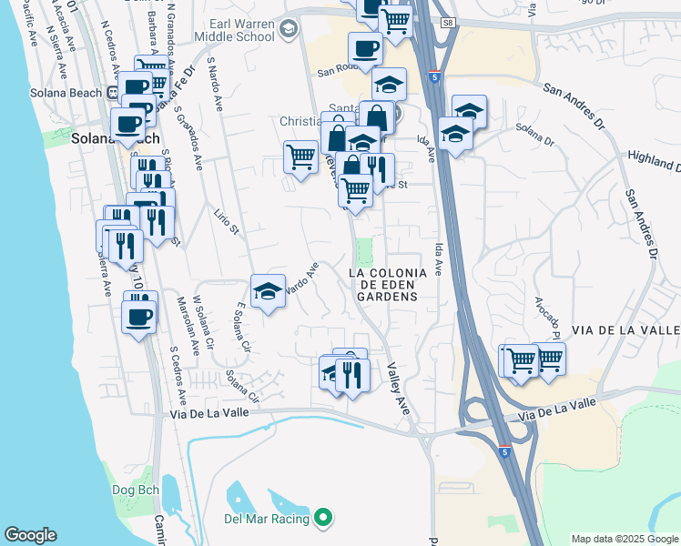 map of restaurants, bars, coffee shops, grocery stores, and more near 730 South Nardo Avenue in Solana Beach