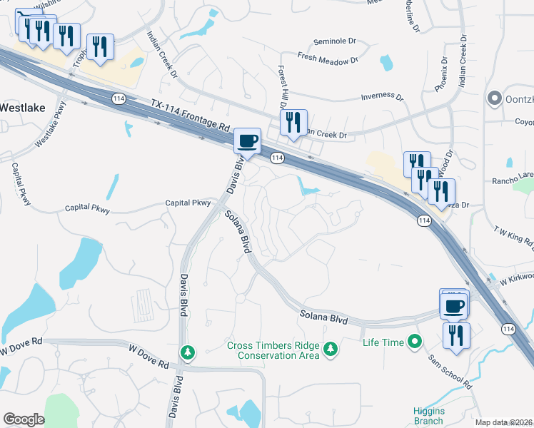 map of restaurants, bars, coffee shops, grocery stores, and more near 26 Arta Drive in Westlake