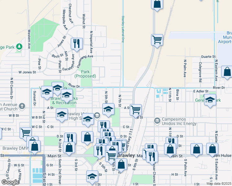 map of restaurants, bars, coffee shops, grocery stores, and more near 699 River Drive in Brawley