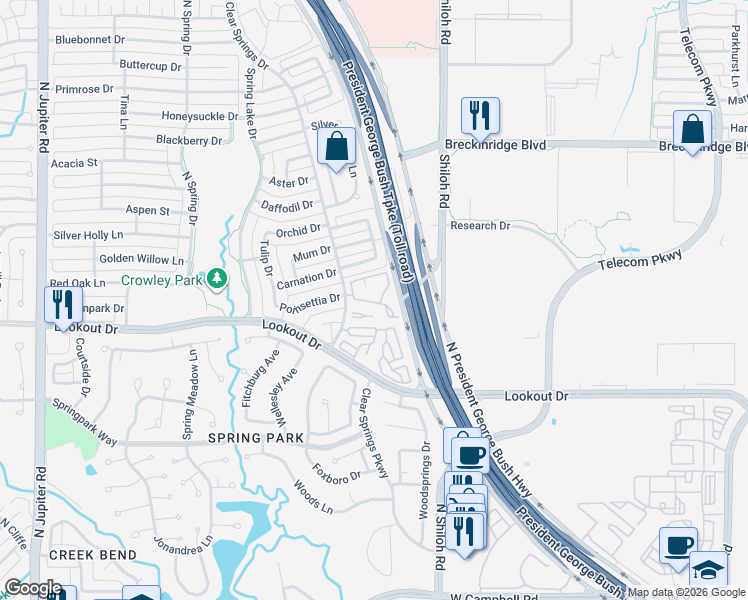 map of restaurants, bars, coffee shops, grocery stores, and more near 2600 Clear Springs Drive in Richardson