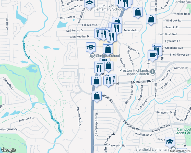 map of restaurants, bars, coffee shops, grocery stores, and more near 17177 Texas 289 in Dallas