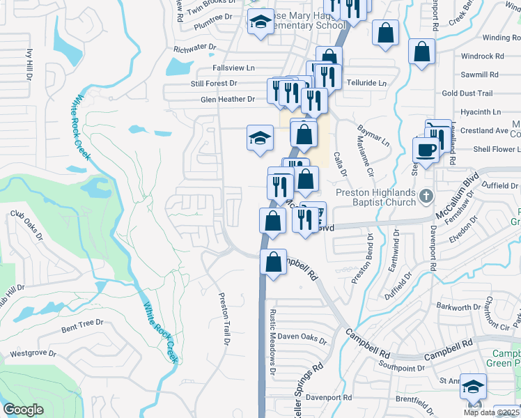 map of restaurants, bars, coffee shops, grocery stores, and more near 17177 Texas 289 in Dallas