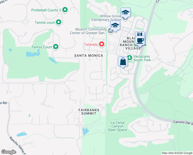 map of restaurants, bars, coffee shops, grocery stores, and more near 7489 La Mantanza in San Diego