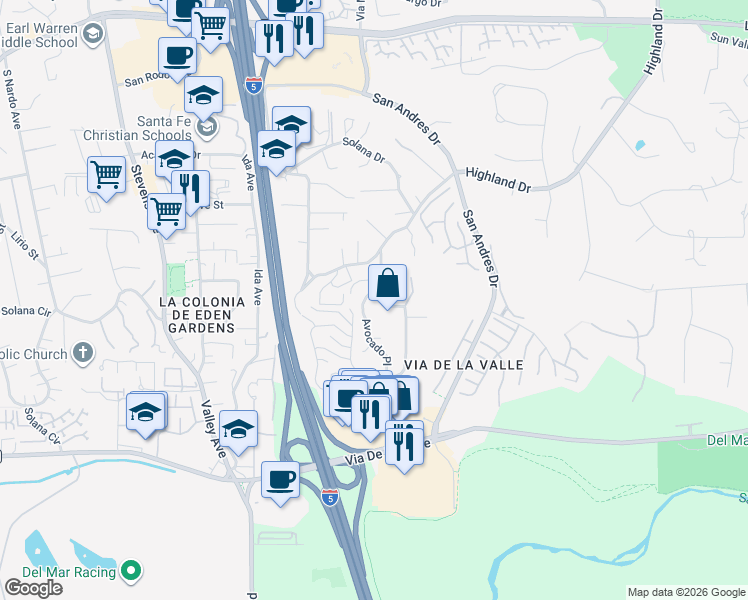 map of restaurants, bars, coffee shops, grocery stores, and more near 986 Avocado Place in Del Mar