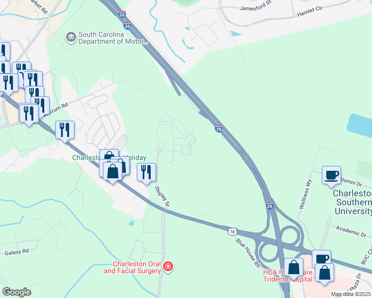 map of restaurants, bars, coffee shops, grocery stores, and more near 3300 Shipley Street in Ladson