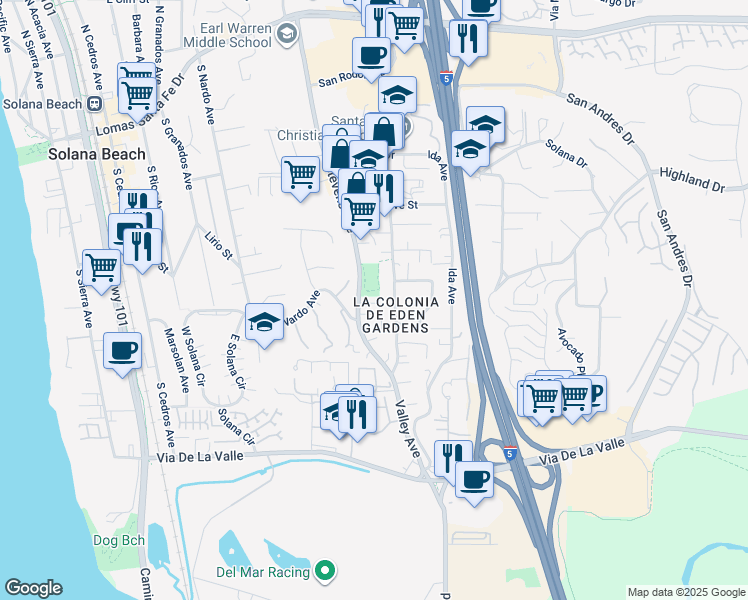 map of restaurants, bars, coffee shops, grocery stores, and more near 718 Stevens Avenue in Solana Beach