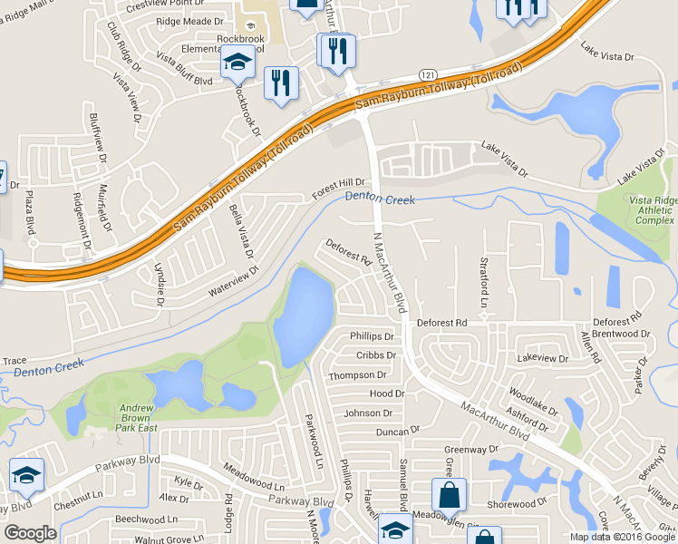 map of restaurants, bars, coffee shops, grocery stores, and more near Lake Park Dr in Coppell