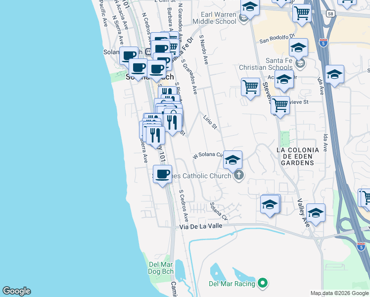 map of restaurants, bars, coffee shops, grocery stores, and more near 507 South Rios Avenue in Solana Beach