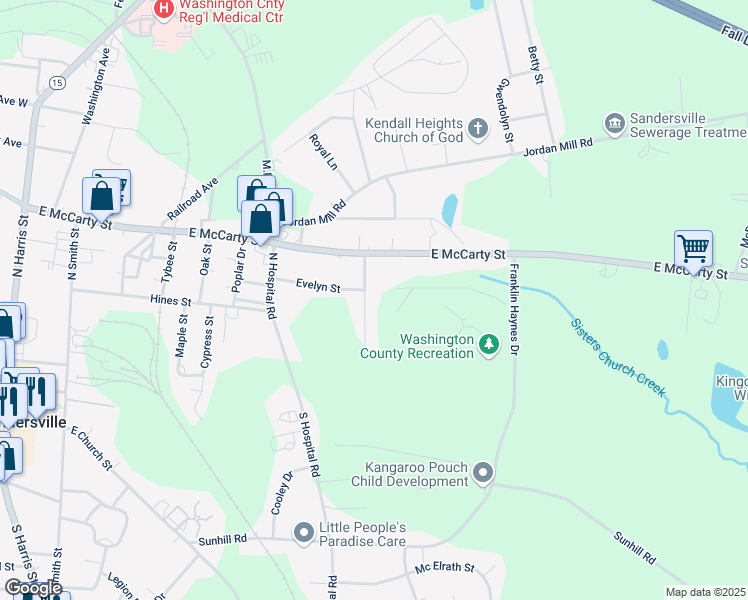 map of restaurants, bars, coffee shops, grocery stores, and more near 324 Meadow Drive in Sandersville