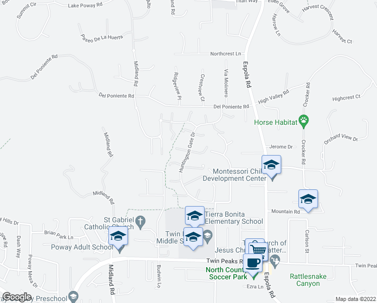 map of restaurants, bars, coffee shops, grocery stores, and more near 15034 Huntington Gate Drive in Poway