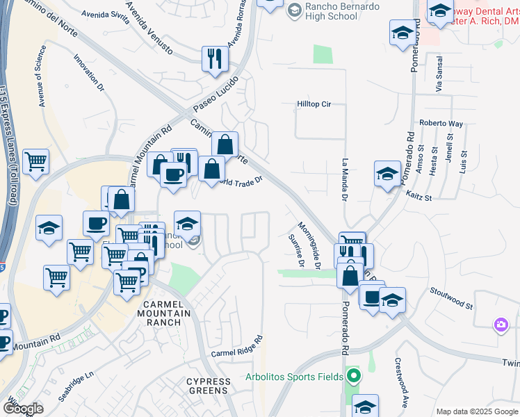 map of restaurants, bars, coffee shops, grocery stores, and more near 12375 World Trade Drive in San Diego