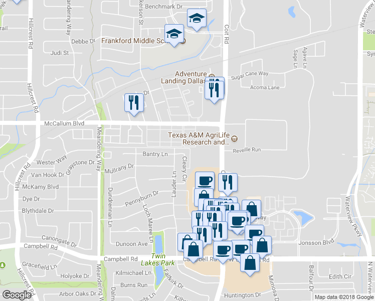 map of restaurants, bars, coffee shops, grocery stores, and more near 16734 Cleary Circle in Dallas
