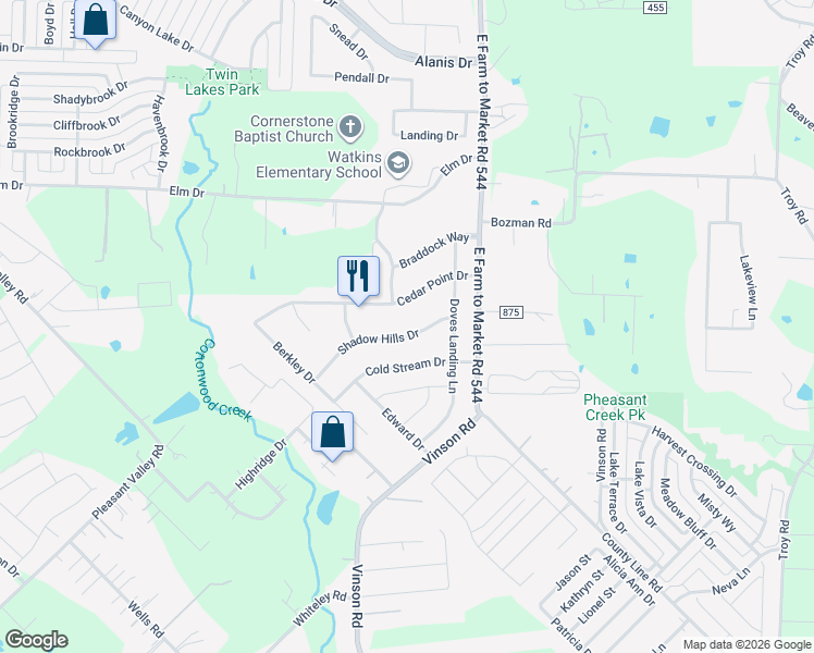 map of restaurants, bars, coffee shops, grocery stores, and more near 1212 Cedar Point Drive in Wylie