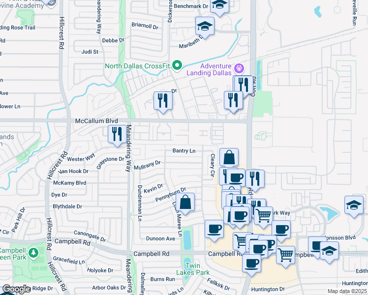 map of restaurants, bars, coffee shops, grocery stores, and more near 7723 Bantry Lane in Dallas