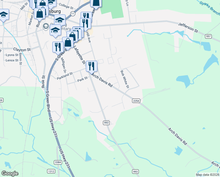map of restaurants, bars, coffee shops, grocery stores, and more near 207 Arch Davis Road in Pittsburg
