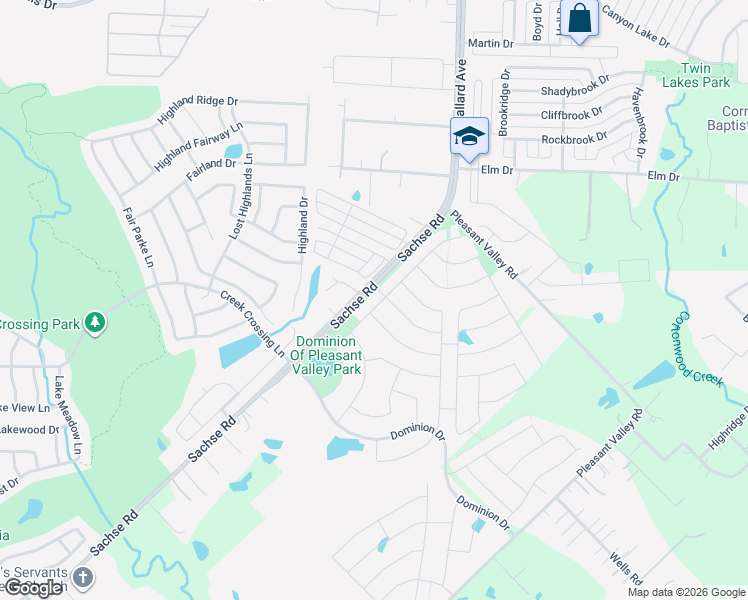 map of restaurants, bars, coffee shops, grocery stores, and more near 2302 Sachse Road in Wylie