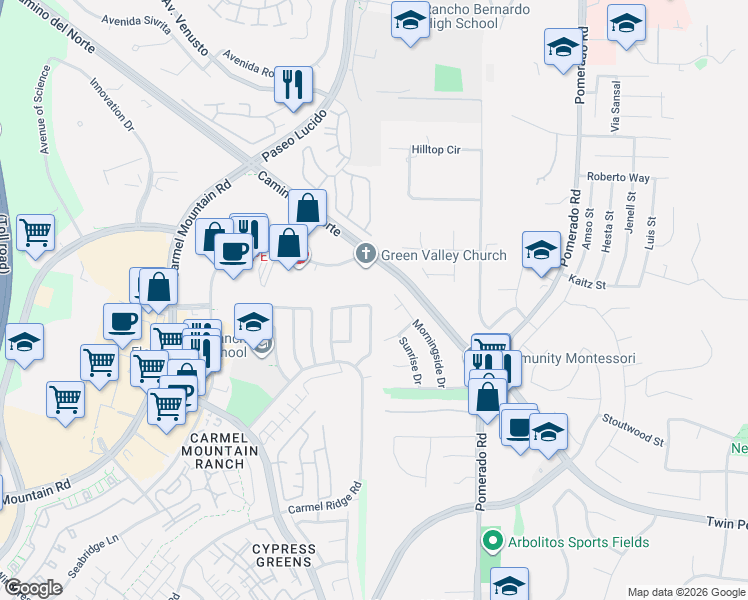 map of restaurants, bars, coffee shops, grocery stores, and more near 12375 World Trade Drive in San Diego