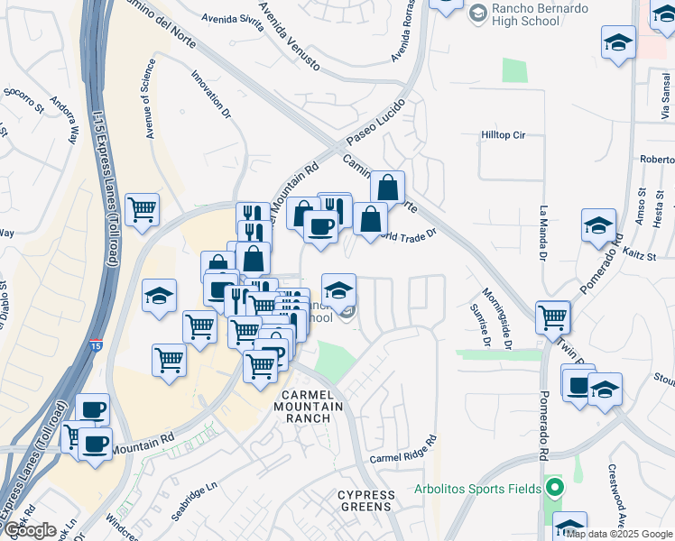 map of restaurants, bars, coffee shops, grocery stores, and more near 12225 World Trade Drive in San Diego