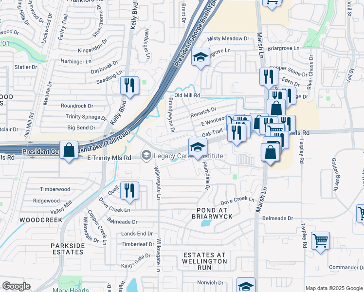 map of restaurants, bars, coffee shops, grocery stores, and more near 2618 West Wentwood Drive in Carrollton